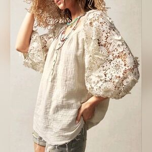 New Sheer Embroidered Lace Puff Sleeve Cotton Button Top PLUS Cream Ivory